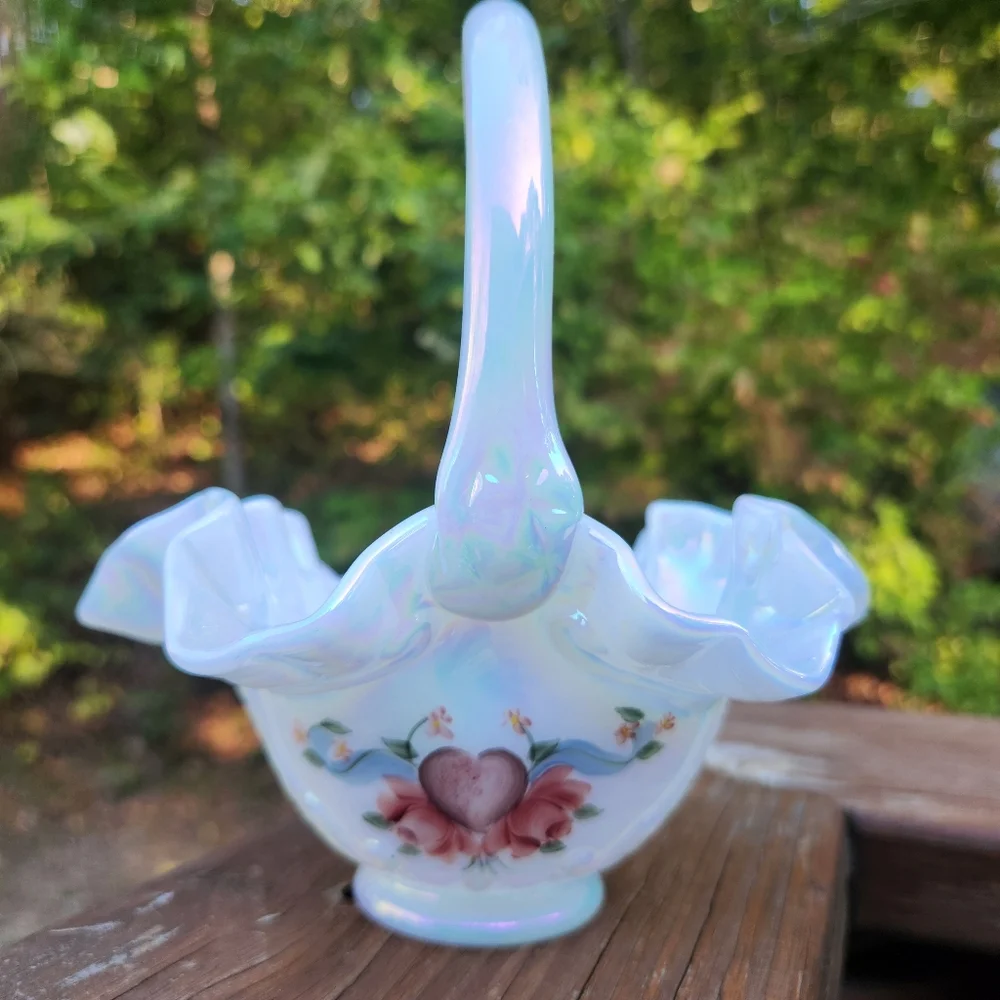 Fenton White Carnival Glass Opalescent Handpainted Basket Signed By Artist